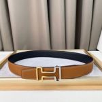 1:1  Hermes Khaki& Black Leather Belt  with Gold"H" buckle Hollow 3.8cm